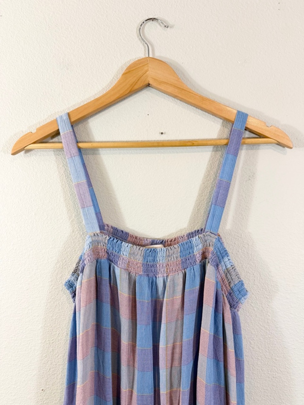 Loft Tiered Midi Dress Size L Blue Purple Plaid Smocked Sleeveless Casual Preppy - Picture 2 of 9